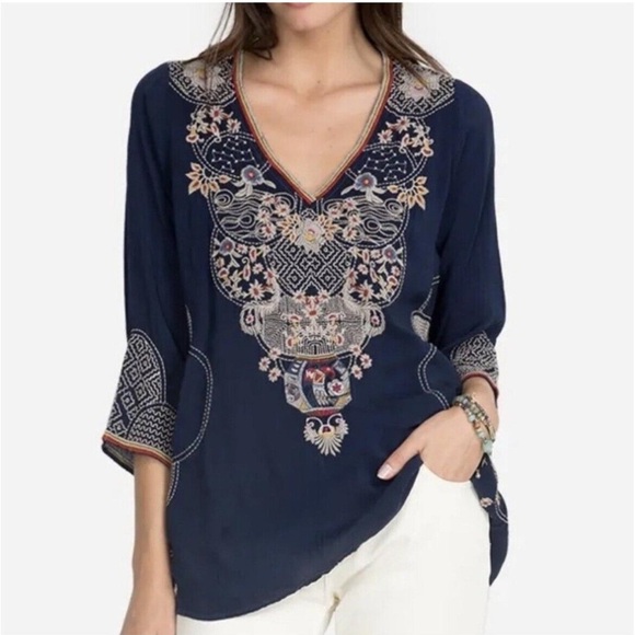 Johnny Was Tops - Johnny Was Peyton Blouse Women's S Colorful Embroidered Blue Rayon Boho V-neck